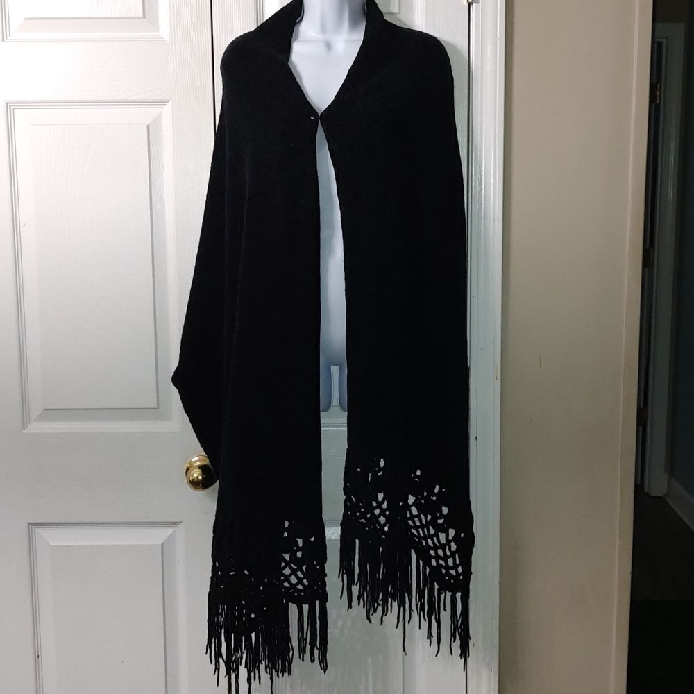 Black Winter Shawl Wrap Crocheted Fringe